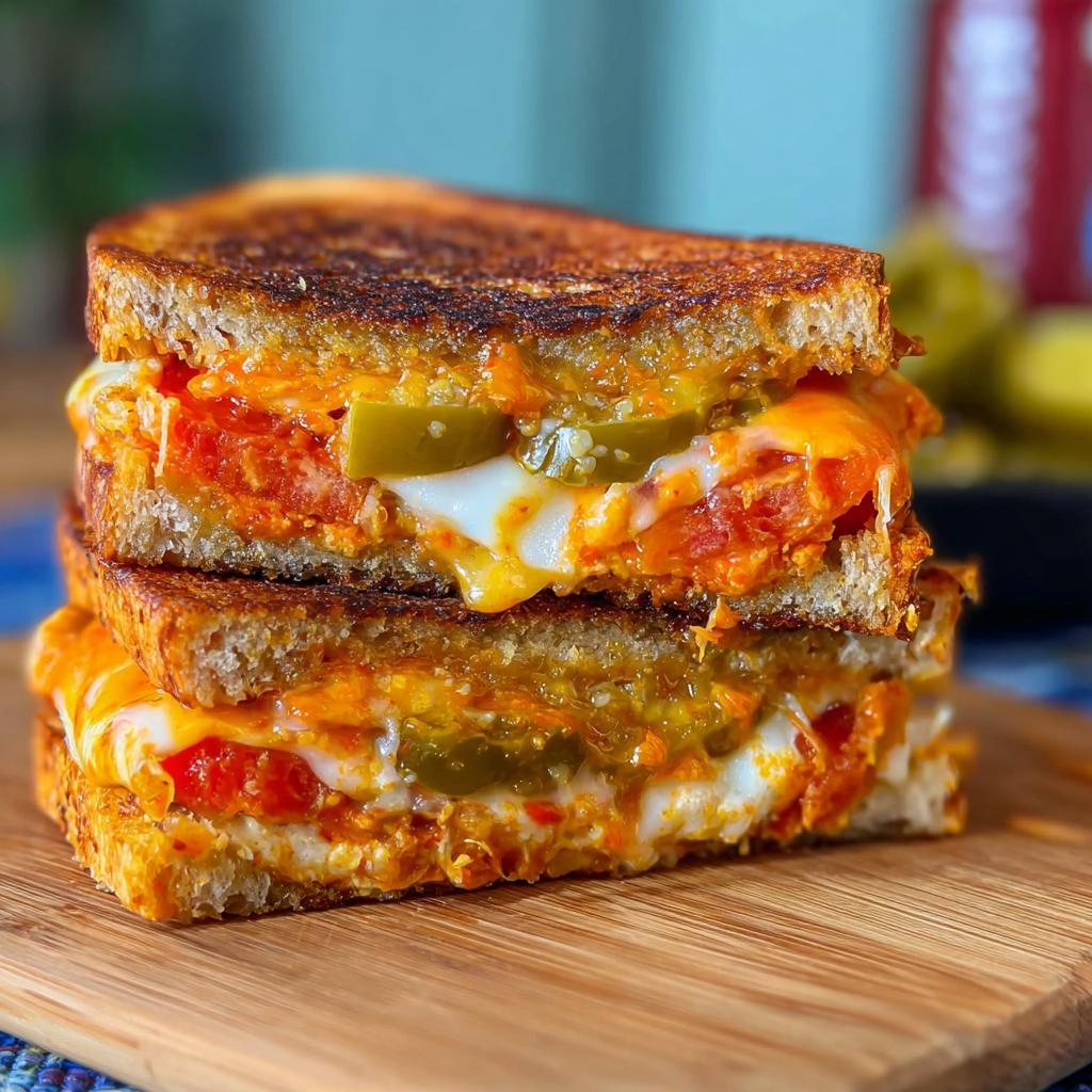 A stacked, spicy 20-ingredient grilled cheese sandwich with melted cheese, tomatoes, and pickles.