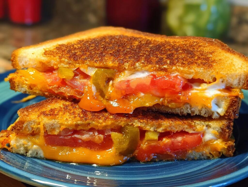A close-up of a stacked 20-ingredient grilled cheese recipe, featuring melted cheese, fresh tomatoes, and sliced jalapenos.