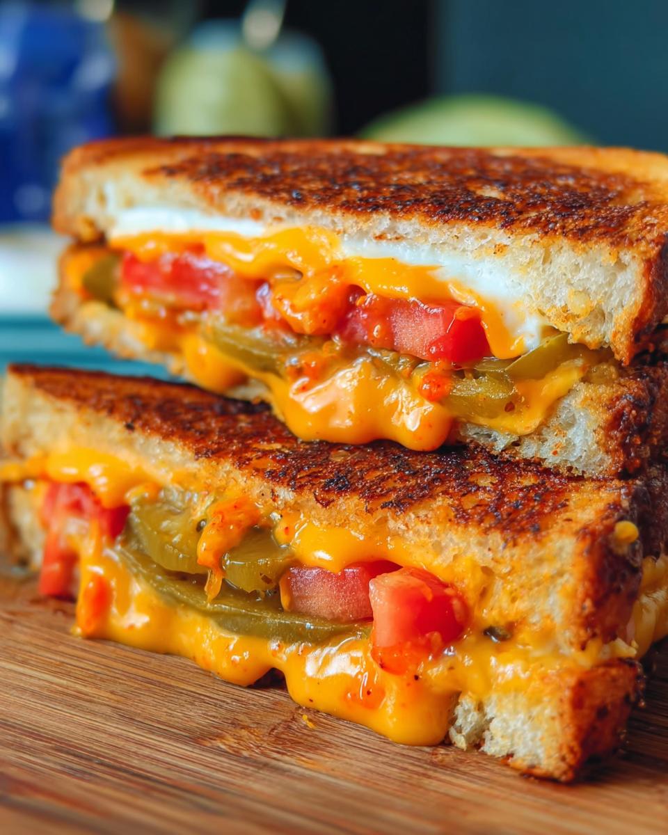 A close-up of two halves of a grilled cheese sandwich, filled with melted cheese, tomatoes, and pickles.