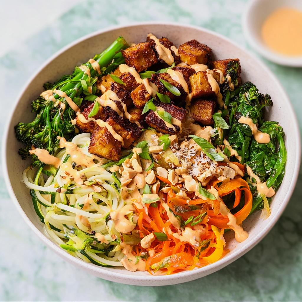 A vibrant bowl of 20-Ingredient Rice Bowl featuring crispy tofu, broccoli, zucchini noodles, and carrots with a creamy sauce.