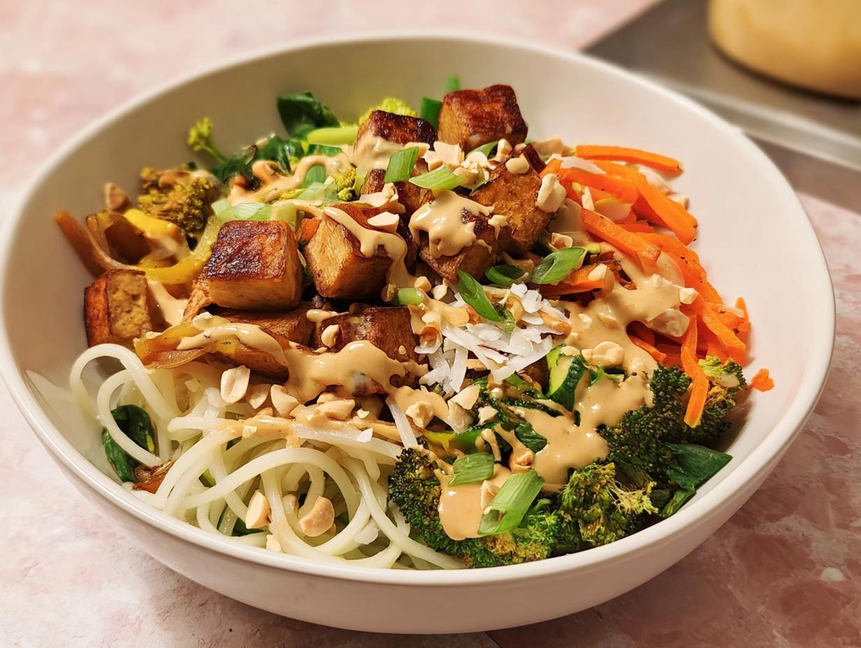 A vibrant bowl of 20-Ingredient Rice Bowl recipe, featuring noodles, crispy tofu, broccoli, carrots, and a creamy peanut sauce.