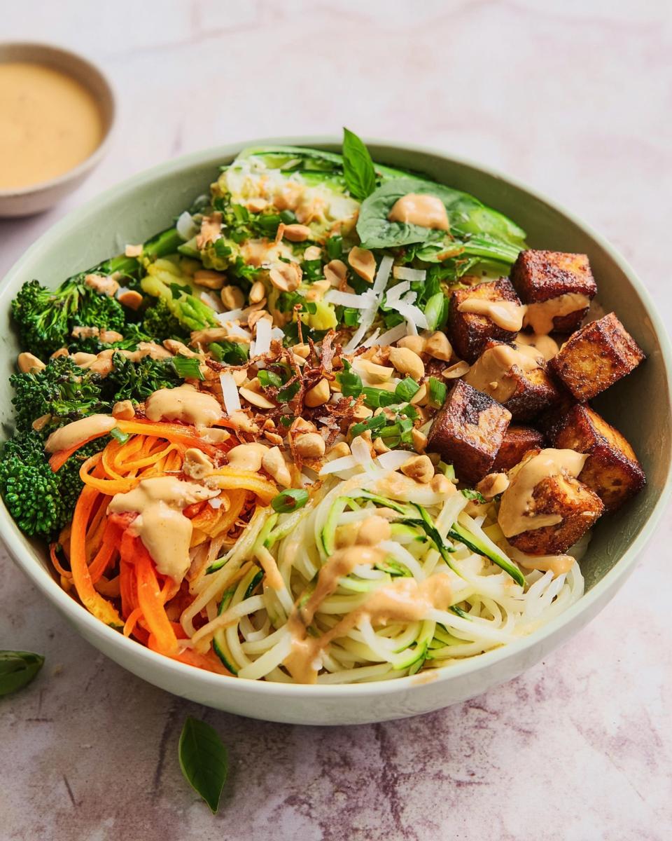 A vibrant bowl featuring 20-Ingredient Rice Bowls with tofu, broccoli, carrots, zucchini noodles, and a creamy peanut dressing.
