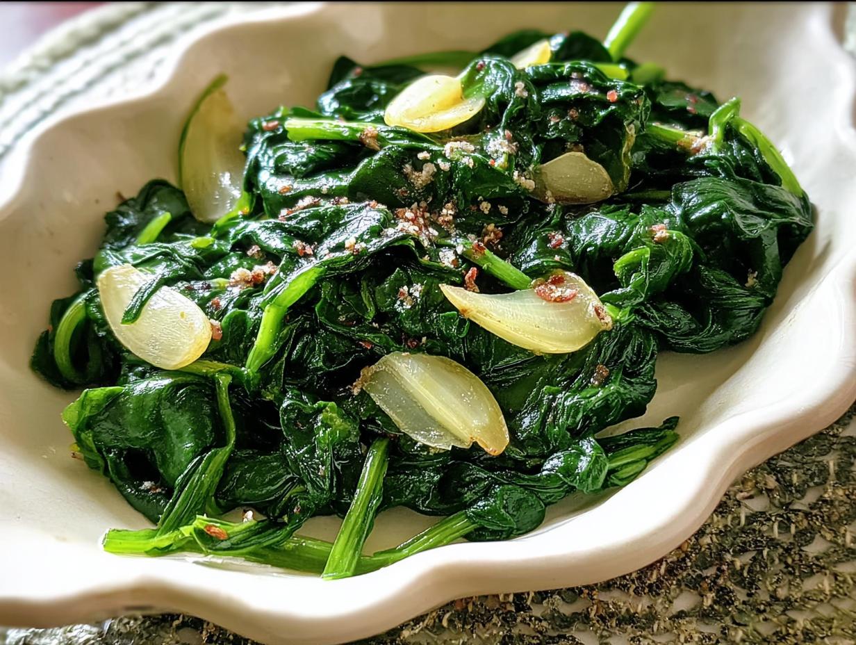 Close-up of garlicky sautéed spinach, a simple veggie side dish from the 20-Ingredient Veggie Sides Recipes (No Fuss) collection.
