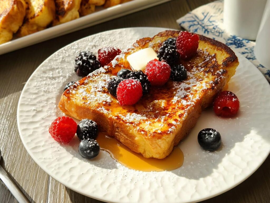 Golden brown French toast topped with fresh berries, powdered sugar, and a pat of butter.
