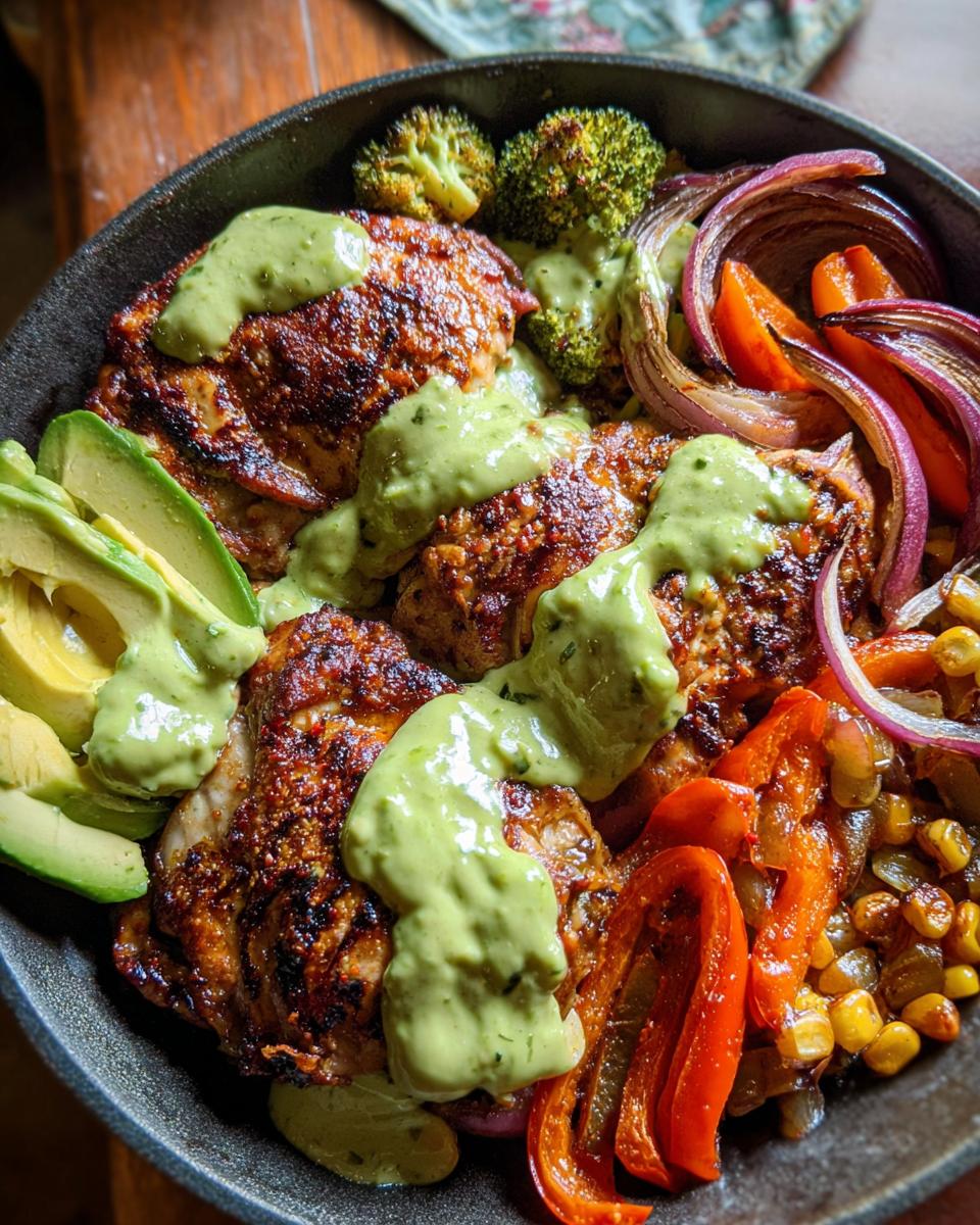 A vibrant bowl of 20 minute chicken recipe served with sliced avocado, roasted broccoli, red onion, bell peppers, and corn, drizzled with a creamy green sauce.