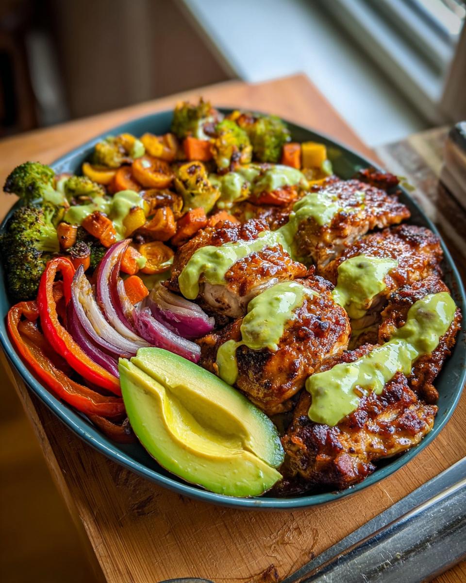 A vibrant bowl featuring perfectly cooked chicken pieces drizzled with a creamy green sauce, served alongside roasted broccoli, carrots, bell peppers, red onion, and avocado. A perfect example of quick chicken recipes.