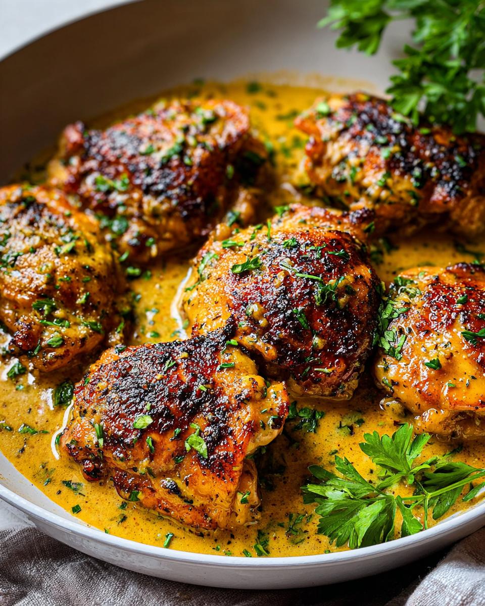 Close-up of pan-seared chicken thighs in a creamy sauce, garnished with fresh parsley, part of a 20-Minute Chicken Thighs recipe.