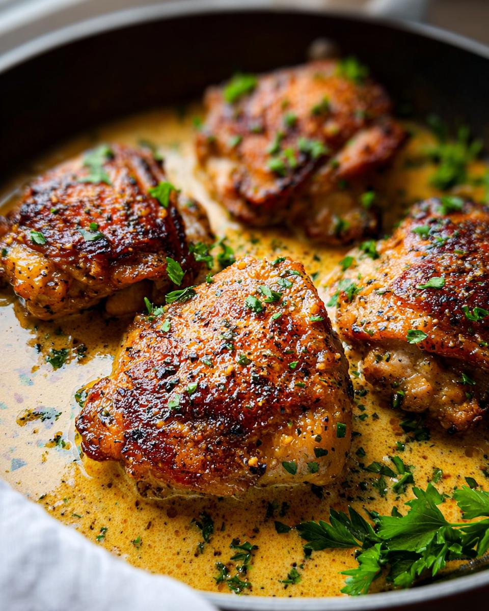 Close-up of pan-seared chicken thighs in a creamy sauce, garnished with fresh parsley. Perfect for quick chicken thigh recipes.