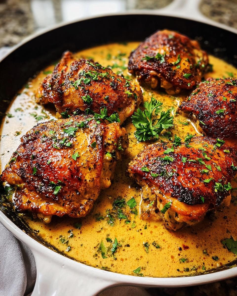 Four pan-seared chicken thighs in a rich, creamy sauce, garnished with fresh parsley. A quick and delicious meal from chicken thigh recipes.