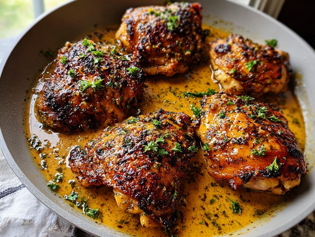 Four golden-brown chicken thighs glistening in a savory sauce in a skillet, garnished with fresh parsley. Perfect for quick chicken thigh recipes.