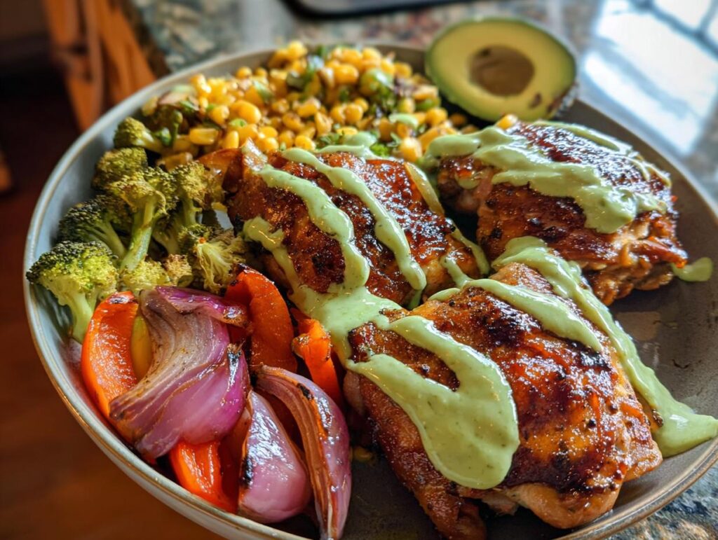 A vibrant bowl featuring juicy chicken thighs drizzled with green sauce, roasted vegetables, and corn, perfect for quick chicken recipes.