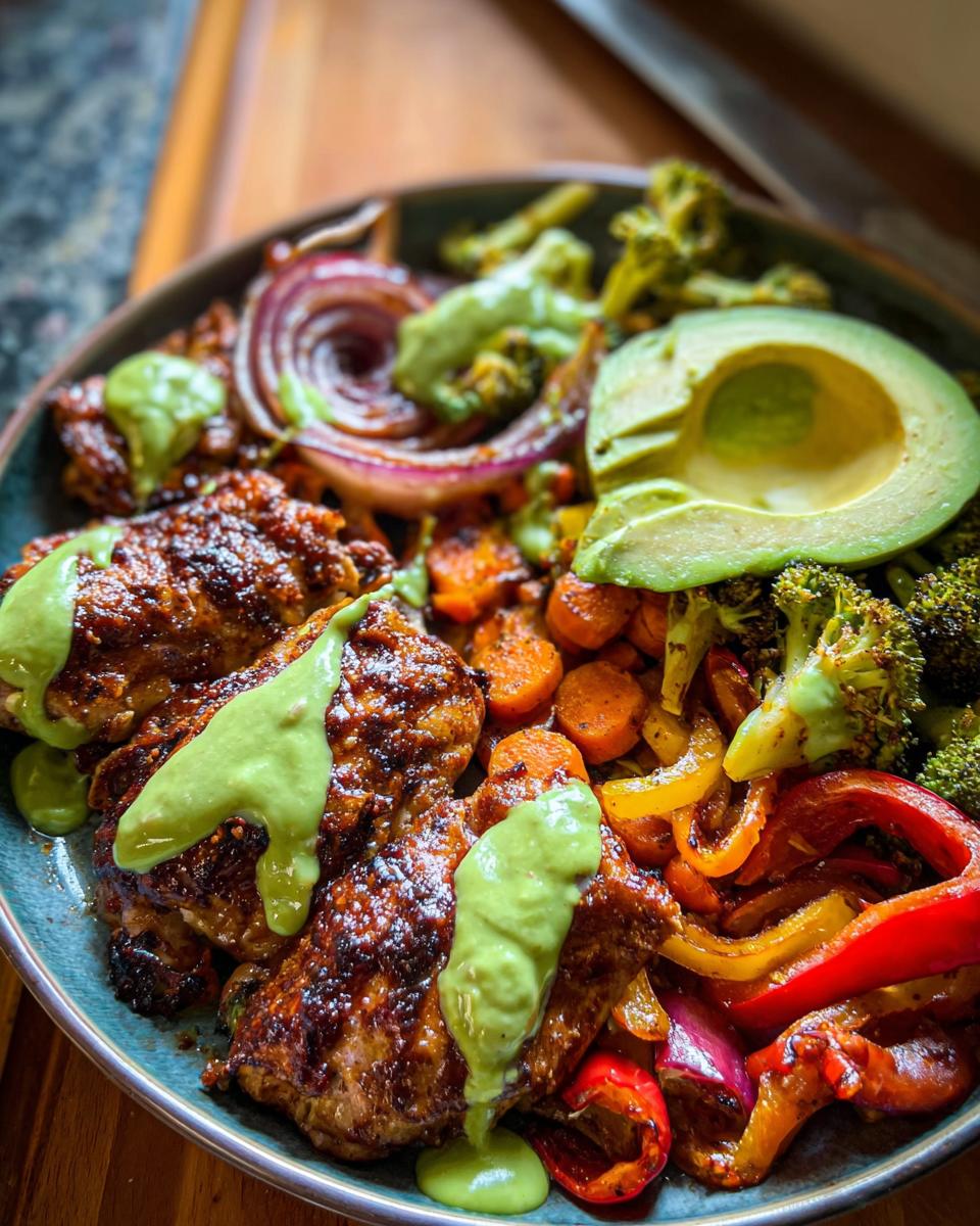 A delicious bowl of 20 Minute Chicken Winner featuring seasoned chicken pieces, roasted vegetables like broccoli, carrots, bell peppers, red onion, and avocado, drizzled with green sauce.