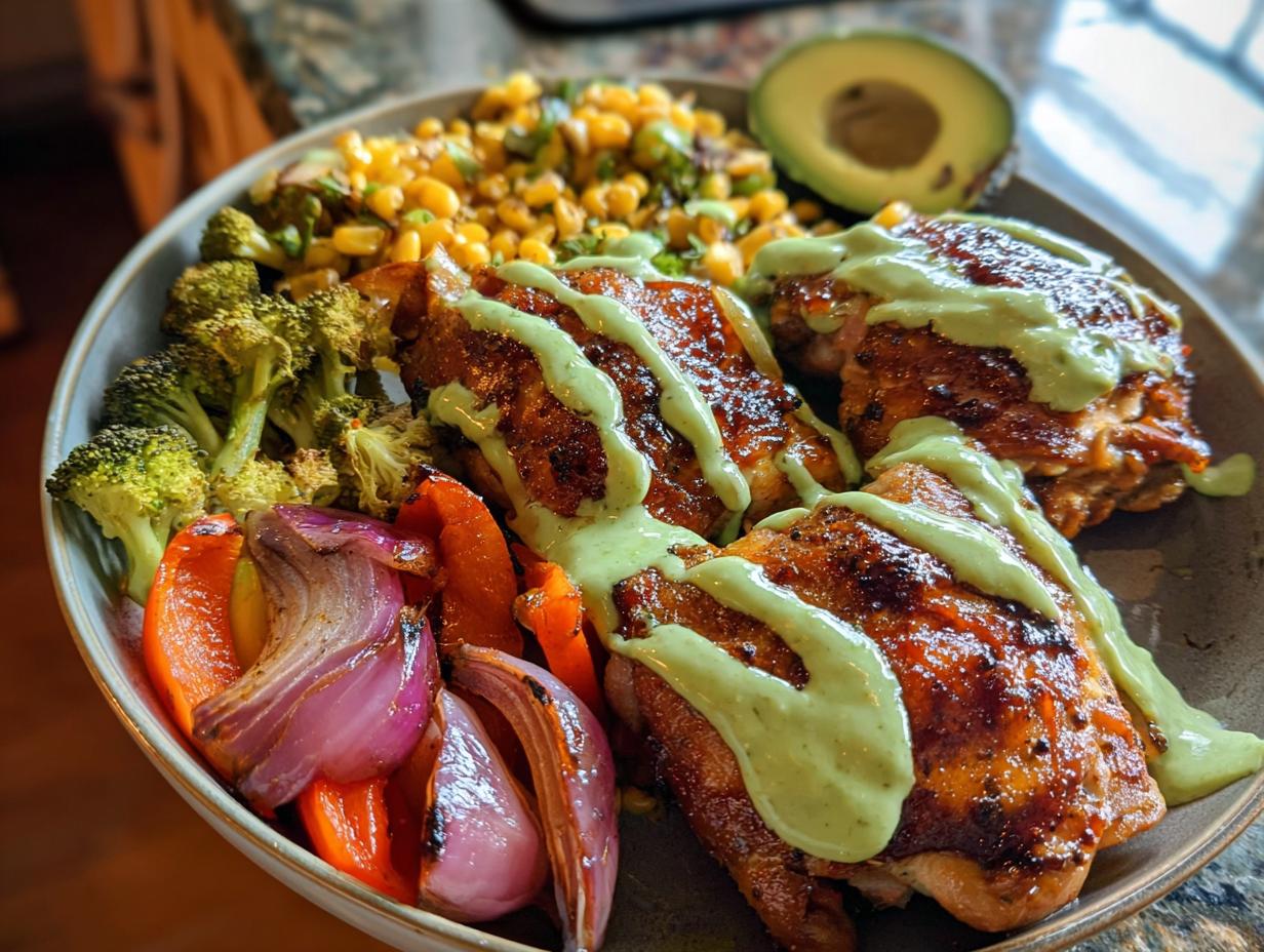 A vibrant bowl featuring juicy chicken thighs drizzled with green sauce, roasted vegetables, and corn, perfect for quick chicken recipes.
