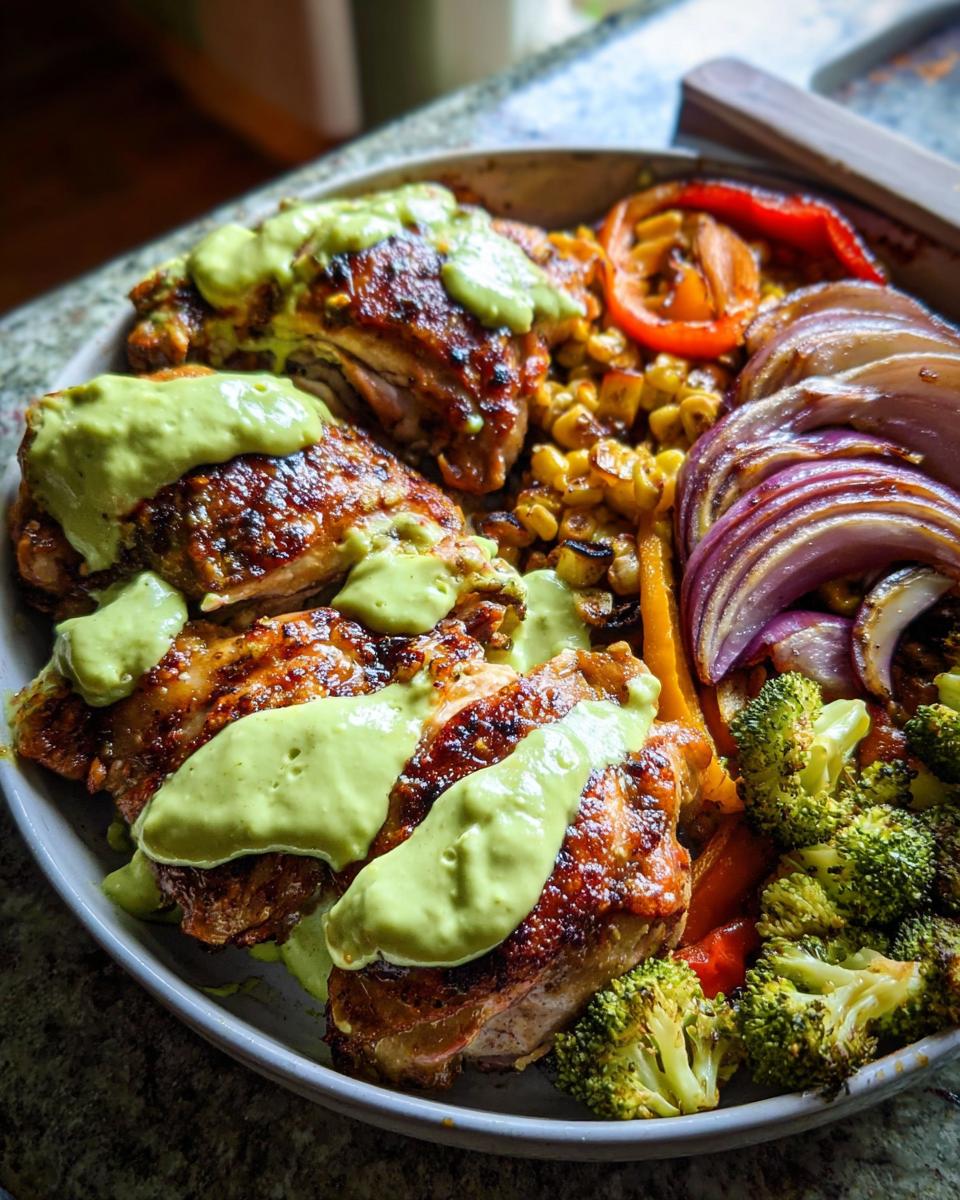 Juicy, grilled chicken thighs drizzled with a vibrant green sauce, served alongside roasted corn, red onion, bell peppers, and broccoli.