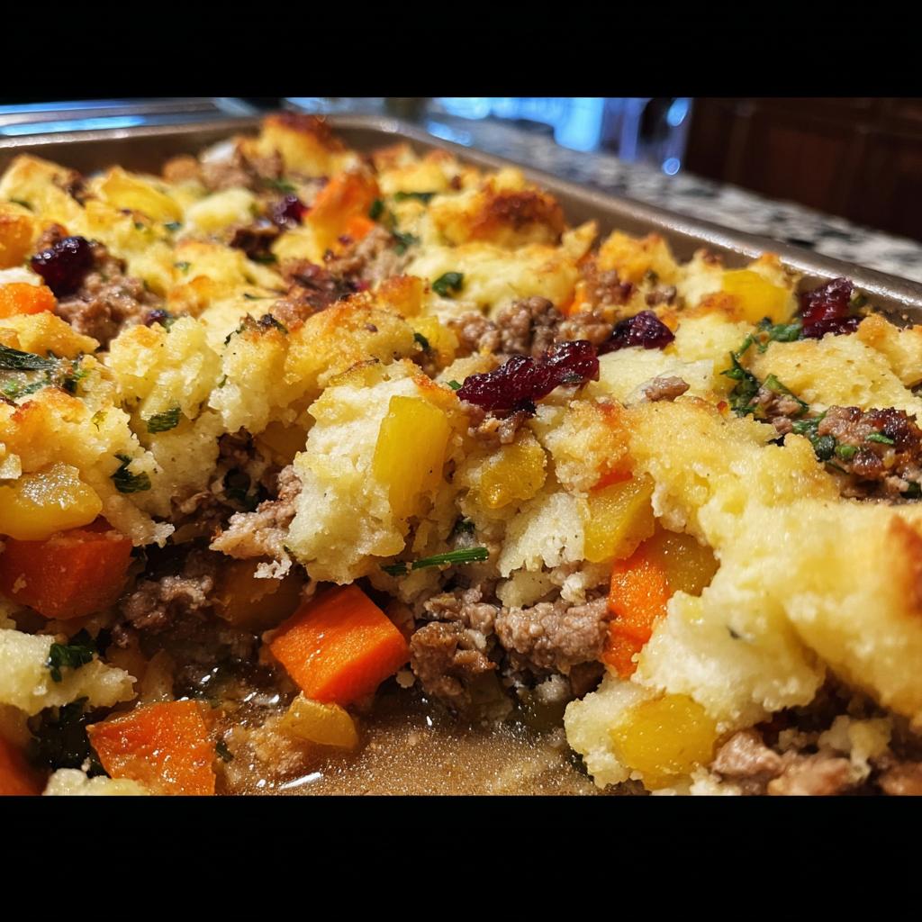 Close-up of a hearty stuffing recipe in a baking dish, featuring bread cubes, ground meat, carrots, and cranberries.