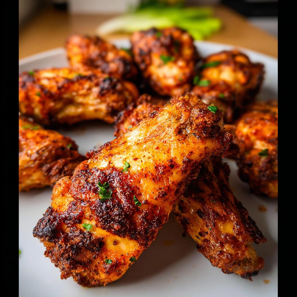 Close-up of perfectly seasoned and baked 25-ingredient chicken wings on a plate, garnished with parsley.