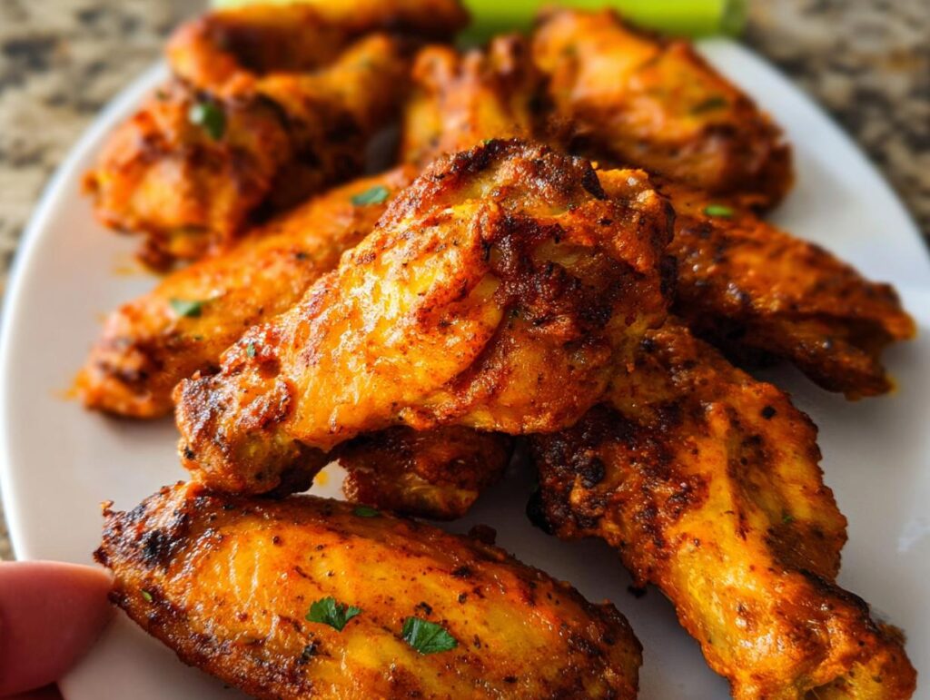 Close-up of a plate piled high with crispy, seasoned 25-ingredient chicken wings, garnished with parsley.