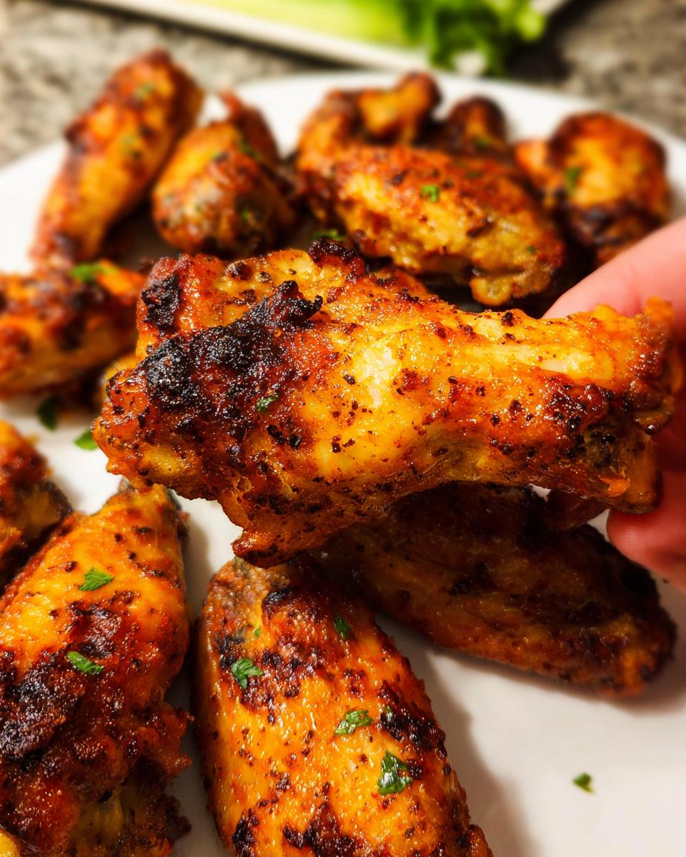 Close-up of perfectly seasoned and crispy 25-Ingredient Chicken Wings, garnished with parsley.