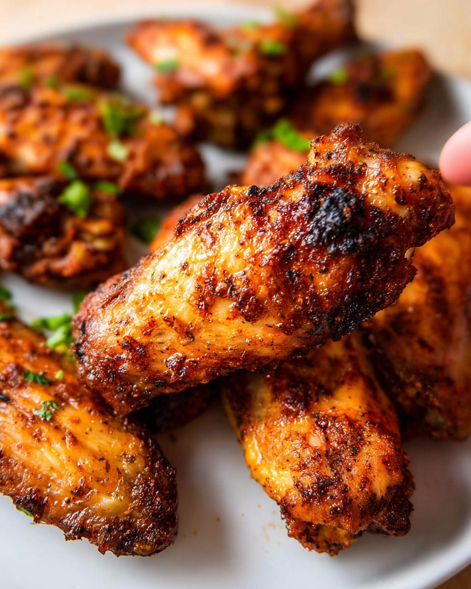 Close-up of crispy, seasoned 25-Ingredient Chicken Wings, garnished with green onions.