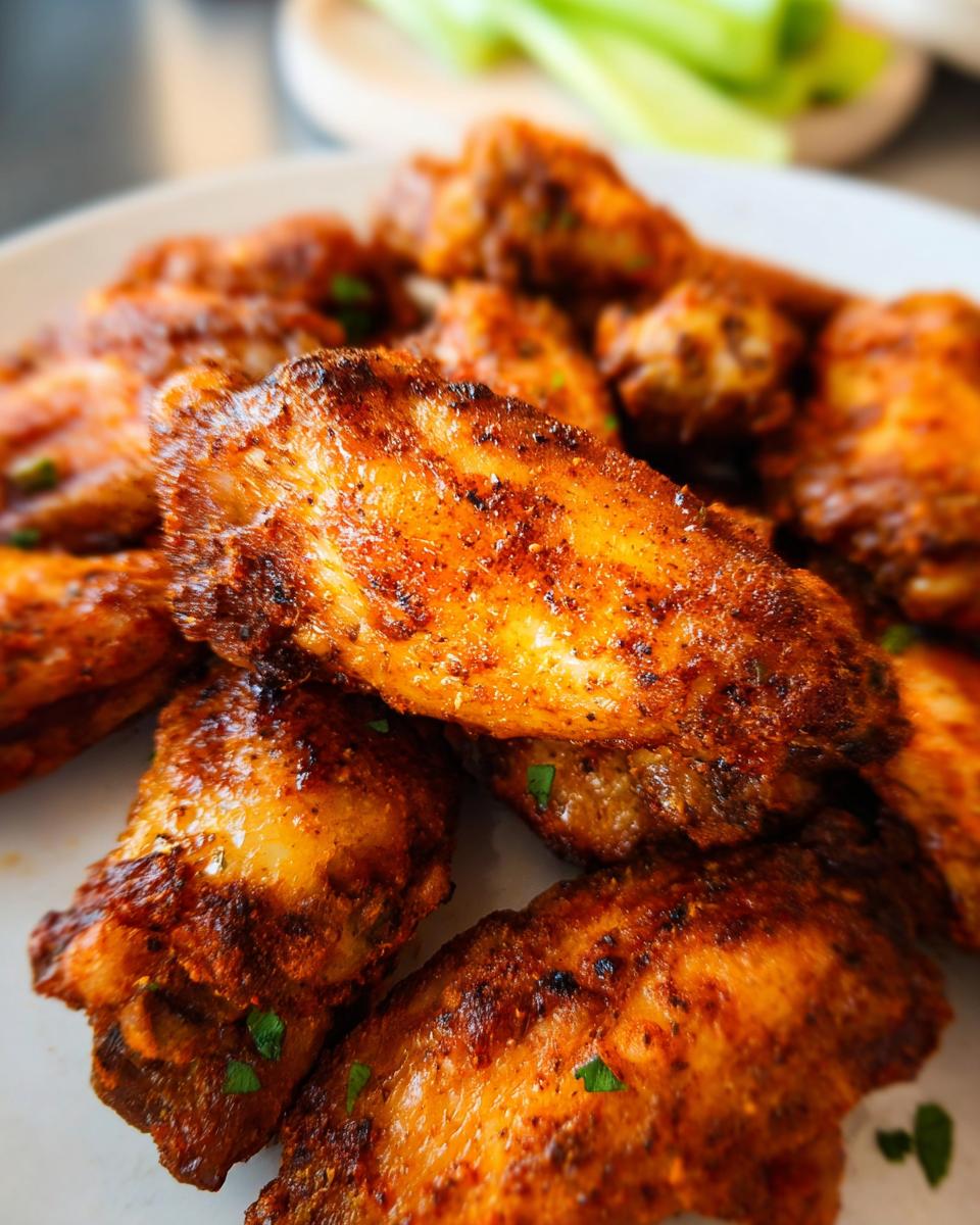 Close-up of a plate of perfectly seasoned 25-Ingredient Chicken Wings Recipes, garnished with parsley.