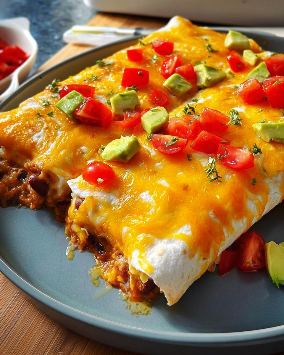 Two cheesy enchiladas topped with diced tomatoes and avocado, part of 25-Ingredient Healthy Meals Recipes.