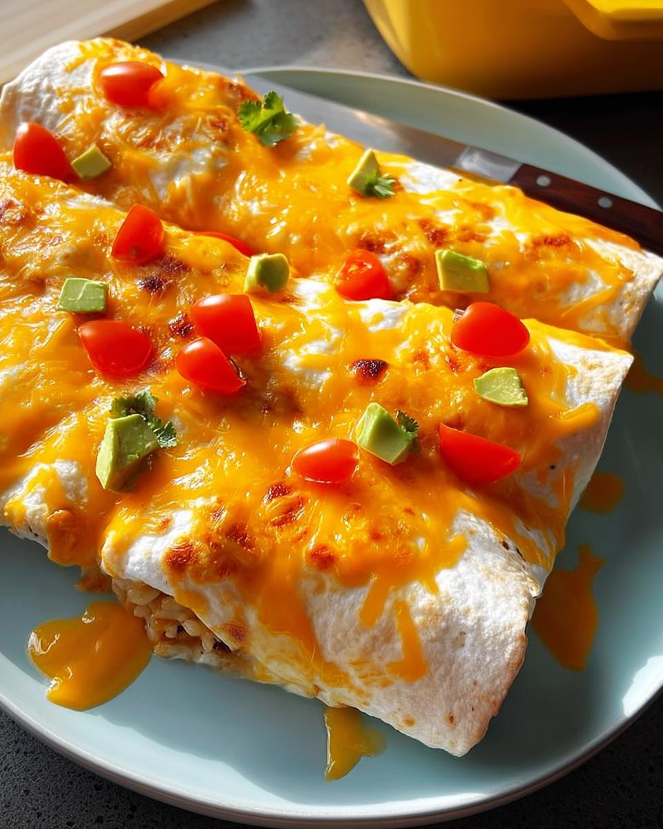 Two cheese-covered enchiladas topped with diced avocado, cherry tomatoes, and cilantro, part of 25-Ingredient Healthy Meals Recipes.