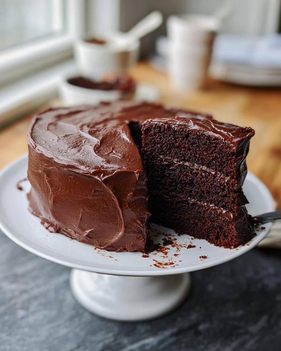 A slice of rich chocolate cake with glossy frosting, showcasing its moist layers. One of the best 7-Ingredient Cake Ideas Recipes.