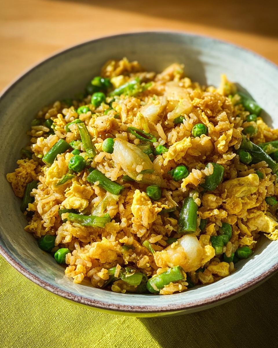 A close-up of a bowl of 7-ingredient egg fried rice with shrimp, peas, and green beans.