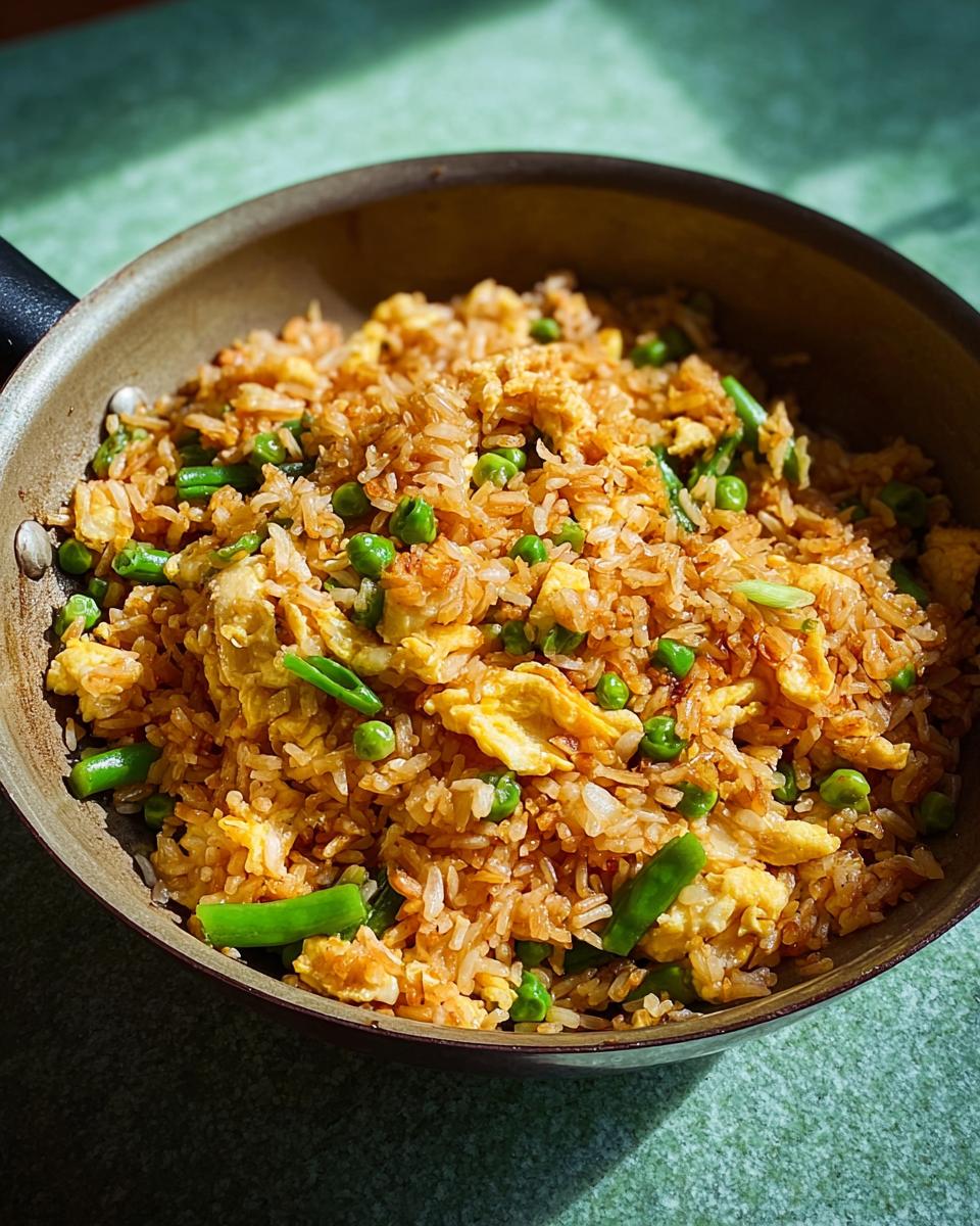 A close-up of a pan filled with delicious 7-ingredient egg fried rice, featuring scrambled eggs, peas, and green beans.