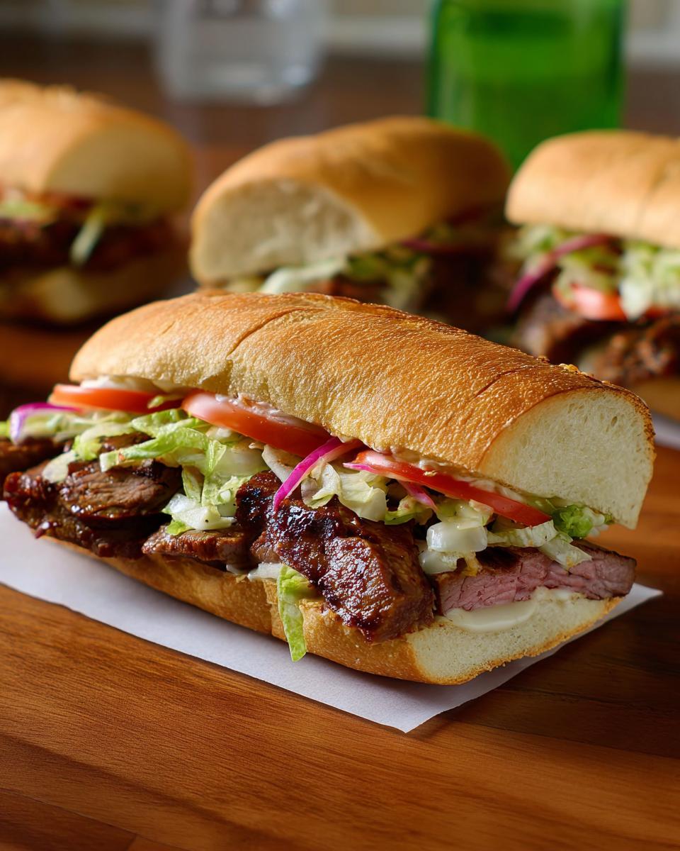 A close-up of a steak sandwich with lettuce, tomato, and onion, part of 7-Ingredient Sandwich Ideas Recipes.