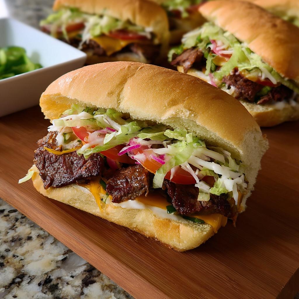 Close-up of a hearty steak sandwich with melted cheese, lettuce, tomato, and onion, part of 7-Ingredient Sandwich Ideas Recipes.