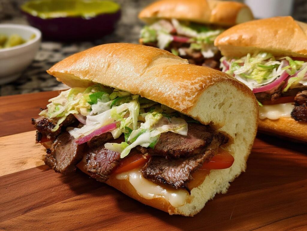 Close-up of a delicious 7-ingredient steak sandwich with melted cheese, sliced steak, lettuce, tomato, and red onion.