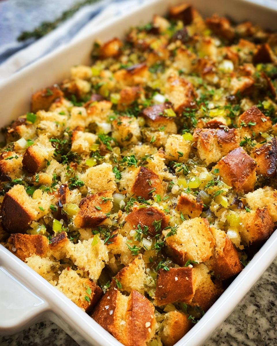 A close-up of a white baking dish filled with golden brown, 7-ingredient stuffing, topped with fresh herbs.
