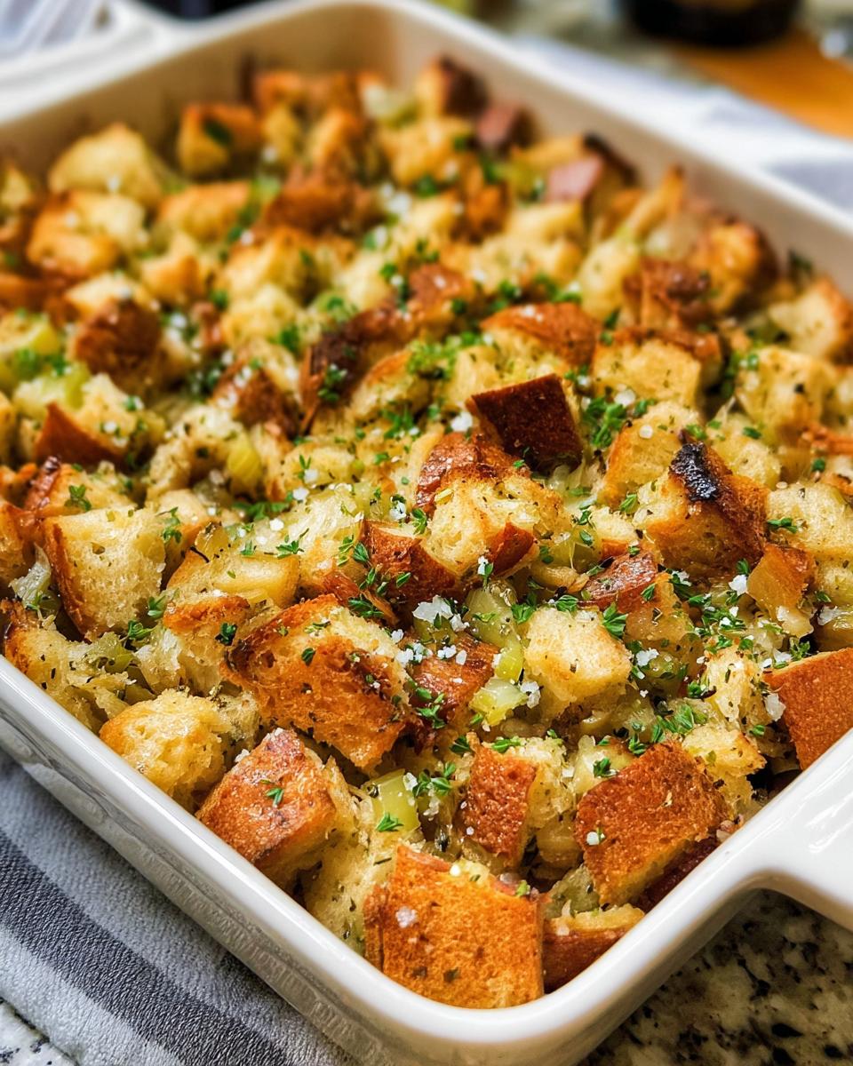Close-up of a white baking dish filled with golden-brown 7-Ingredient Stuffing, topped with fresh parsley.