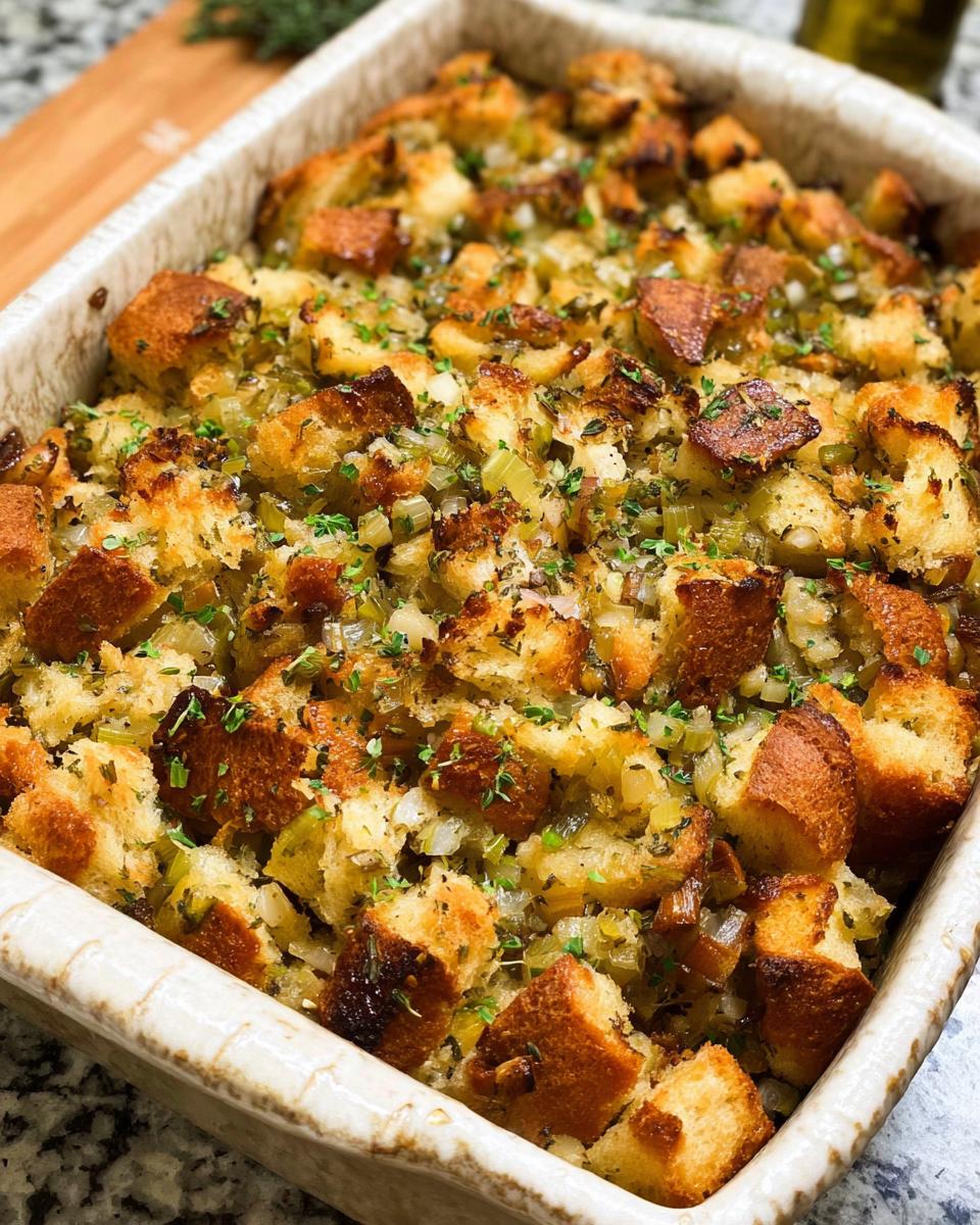 Close-up of a freshly baked 7-Ingredient Stuffing Recipe in a baking dish, golden brown with herbs.