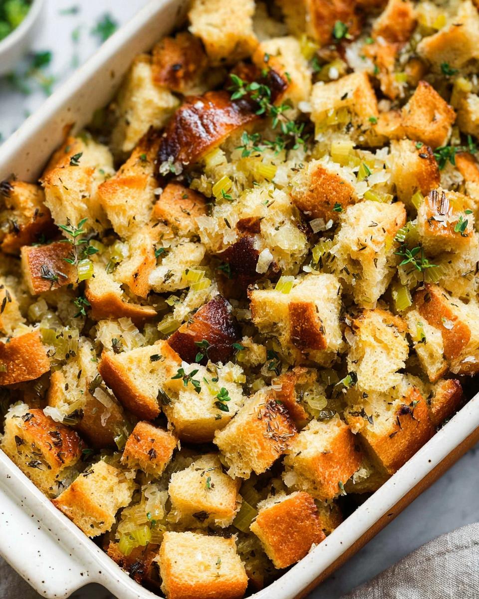 Close-up of a baked 7-ingredient stuffing recipe in a white baking dish, featuring golden bread cubes and herbs.