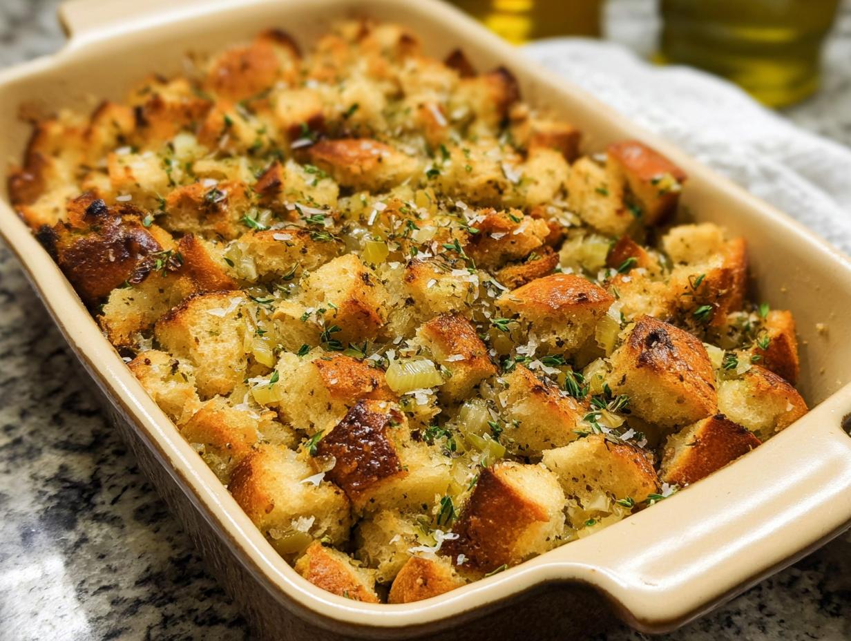 Close-up of a golden-brown 7-ingredient stuffing recipe baked in a casserole dish, topped with herbs.