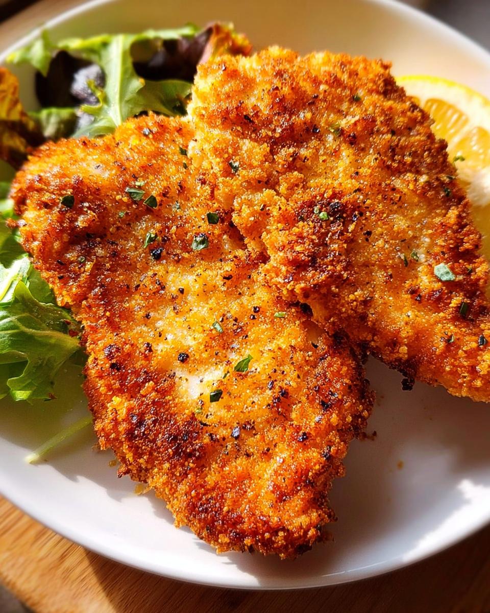 Two golden-brown, crispy air fryer chicken breasts served with a side salad and lemon slice.