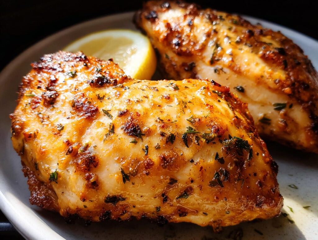 Close-up of two perfectly cooked air fryer chicken breasts seasoned with herbs and spices, served with a lemon wedge.