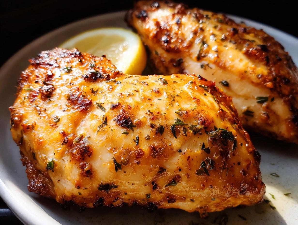 Close-up of two perfectly cooked air fryer chicken breasts seasoned with herbs and spices, served with a lemon wedge.