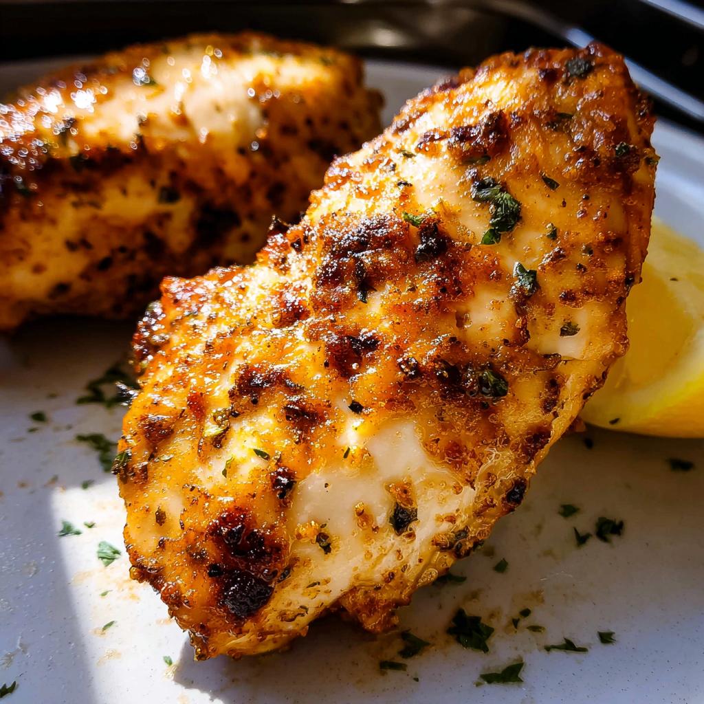 Close-up of a perfectly cooked air fryer chicken breast, seasoned and garnished with parsley and a lemon wedge.