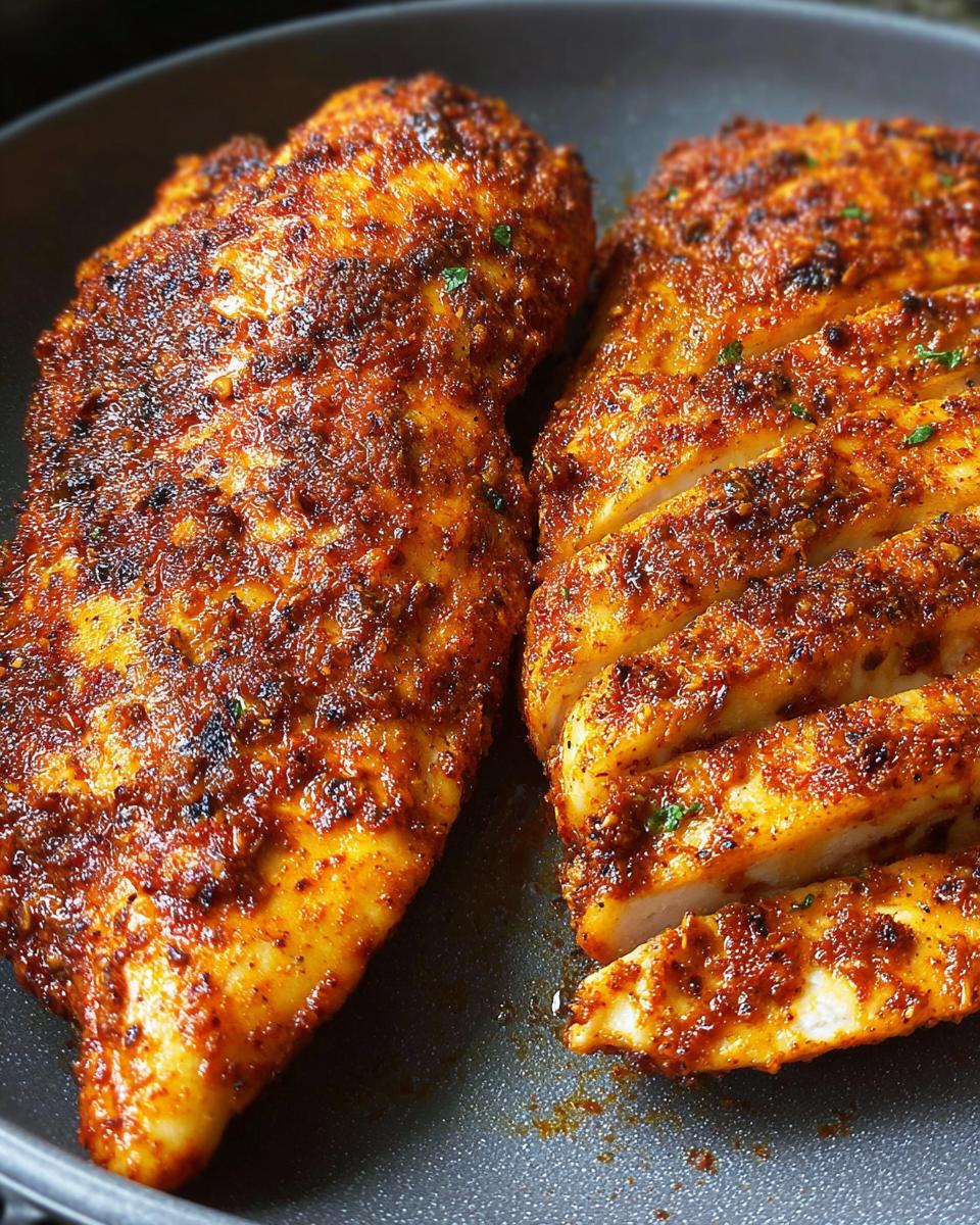 Close-up of two seasoned air fryer chicken breasts, one whole and one sliced, in a pan.