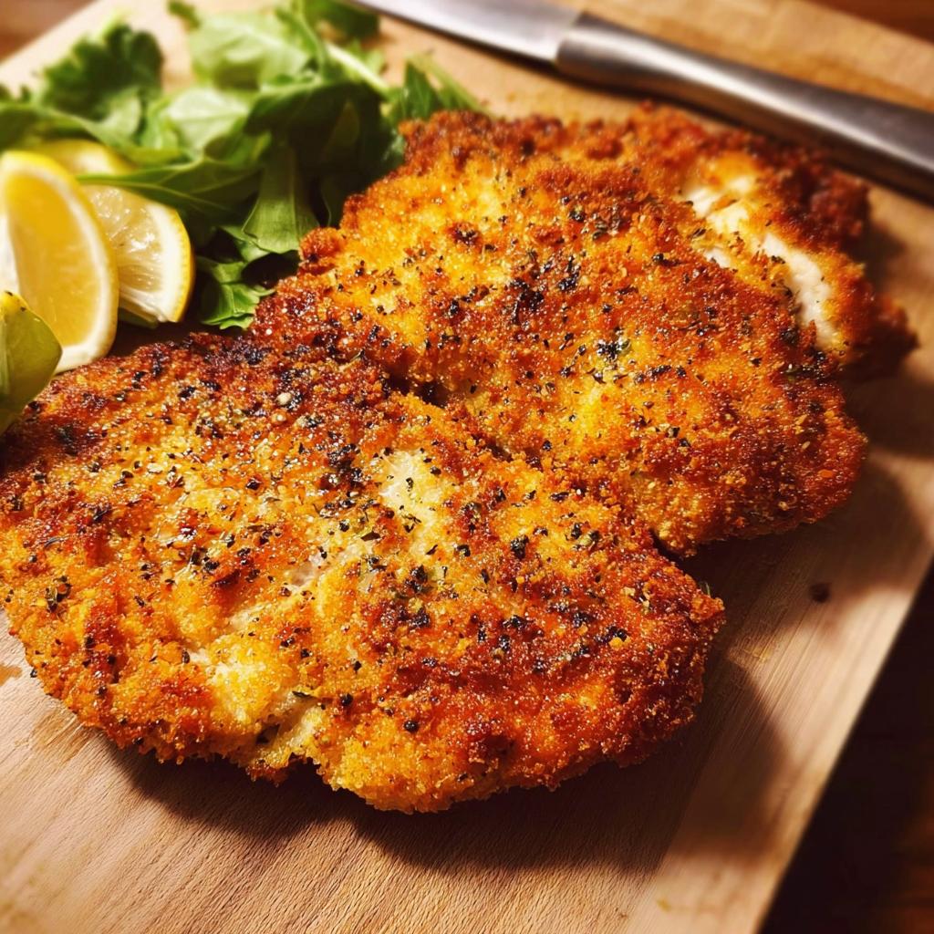 Golden brown, crispy air fryer chicken breasts seasoned with herbs and spices, served with lemon wedges and greens.