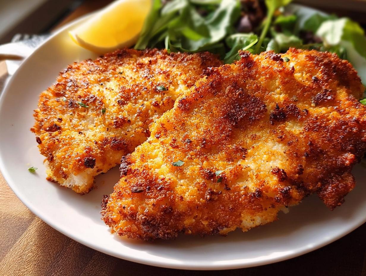 Two golden-brown, crispy air fryer chicken breasts served with a lemon wedge and a side salad.