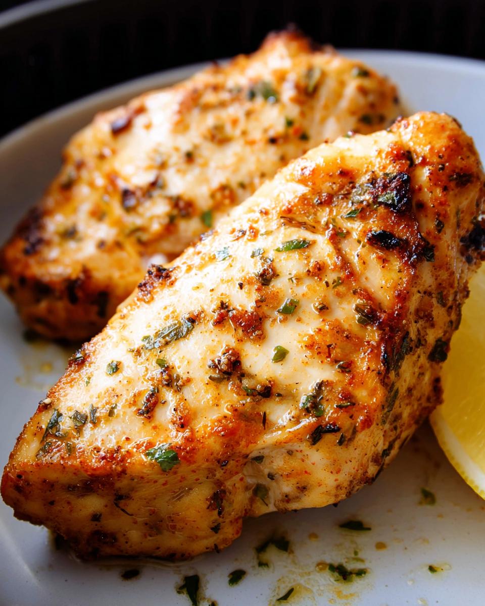 Two perfectly cooked air fryer chicken breasts seasoned with herbs and spices, served with a lemon wedge.