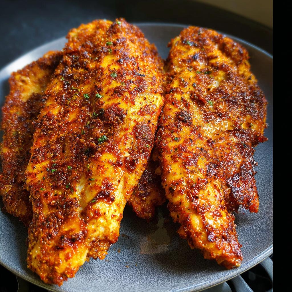 Close-up of three seasoned and crispy air fryer chicken breasts on a gray plate.
