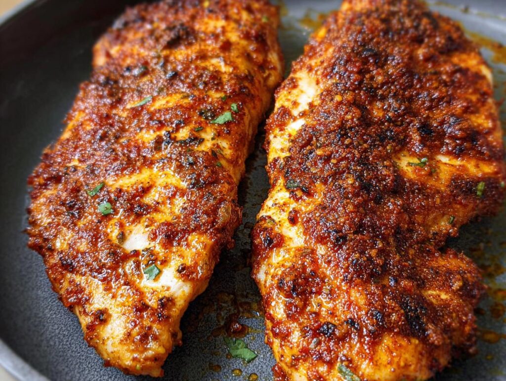 Two perfectly cooked air fryer chicken breasts with a flavorful spice rub and fresh herbs.