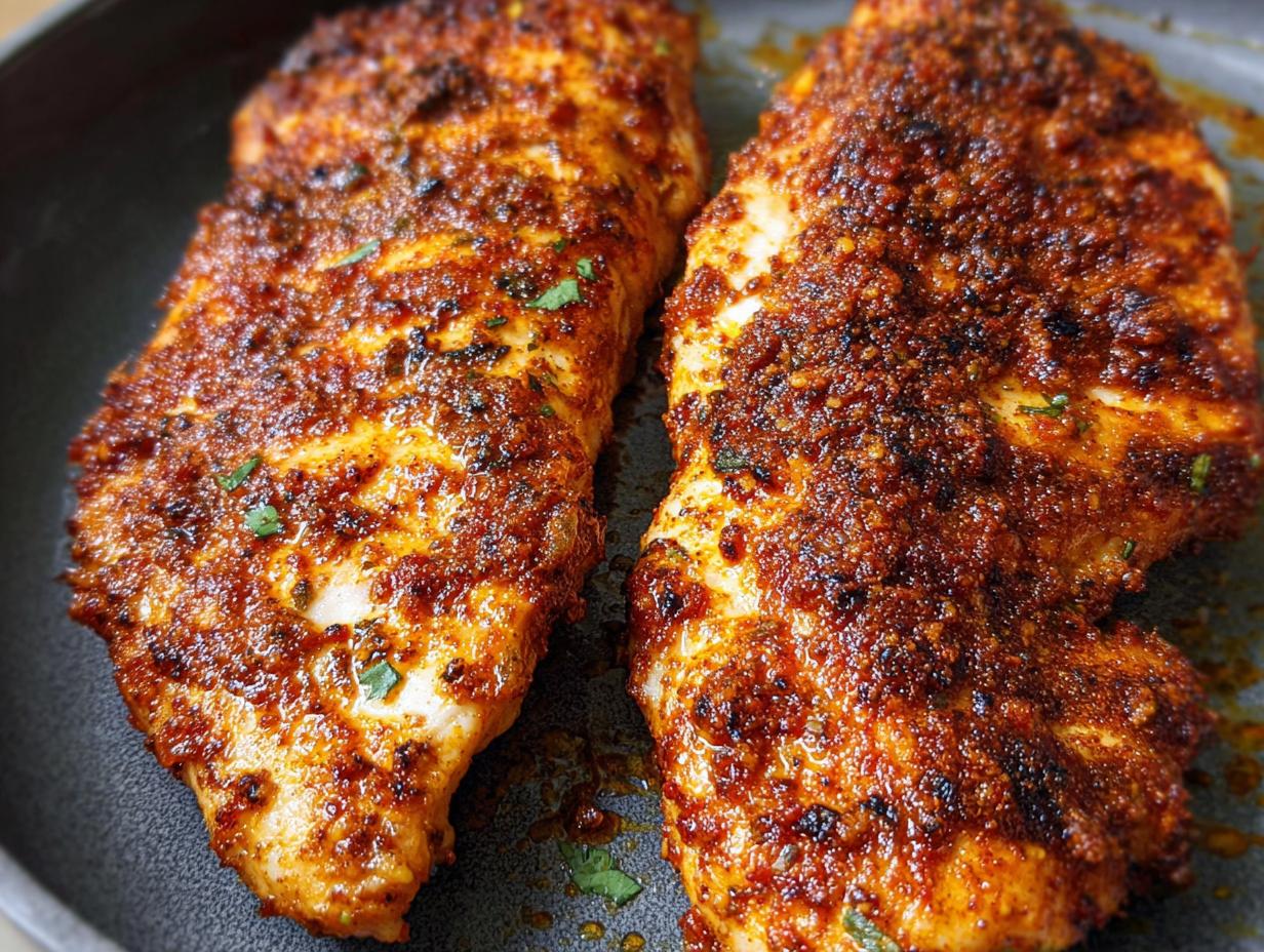 Two perfectly cooked air fryer chicken breasts with a flavorful spice rub and fresh herbs.