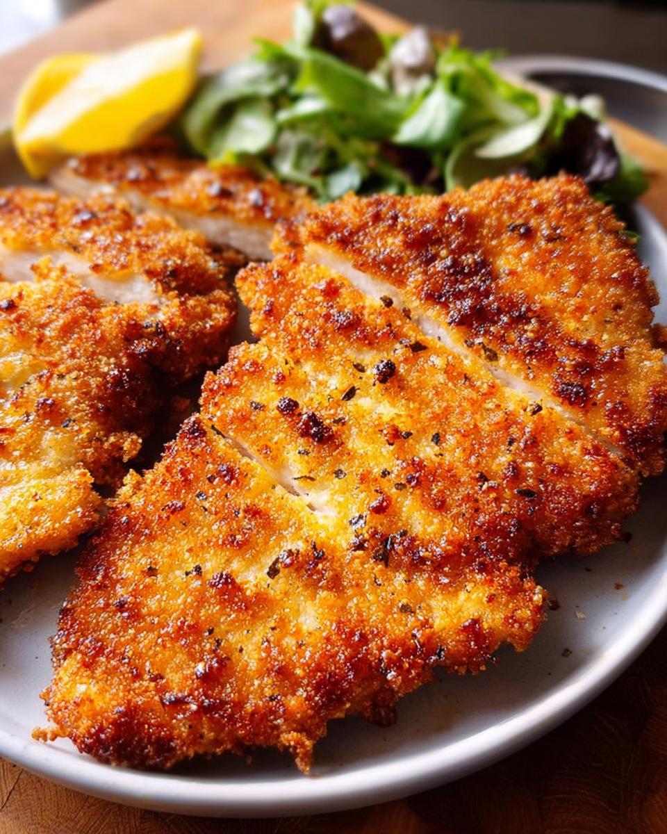 Close-up of golden-brown, crispy air fryer chicken cutlets served with a lemon wedge and a side salad.