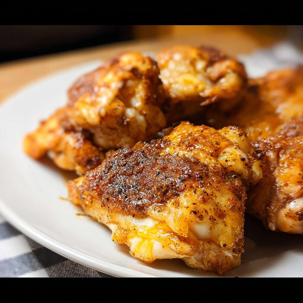 Close-up of seasoned, crispy air fryer chicken pieces on a white plate.